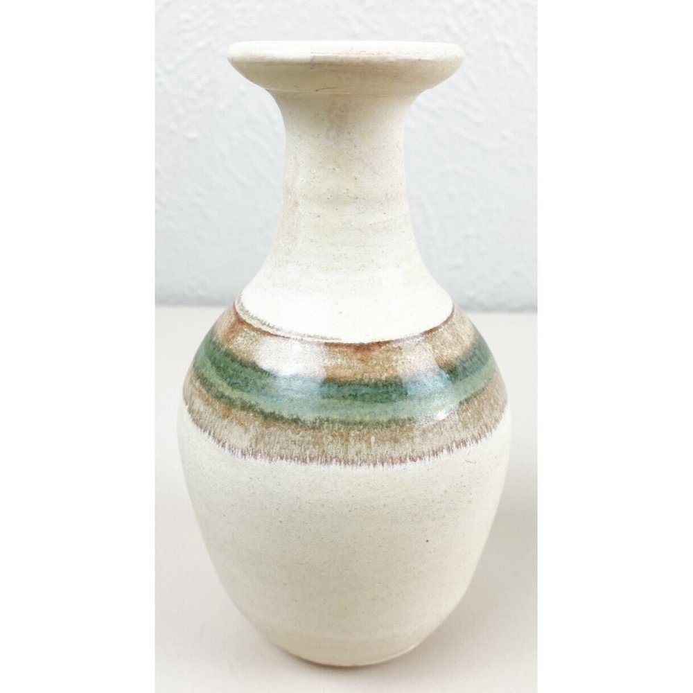 Stoneware Bud Vase Small ( Approx 6” tall) Cream Green Brown Studio Pottery EUC